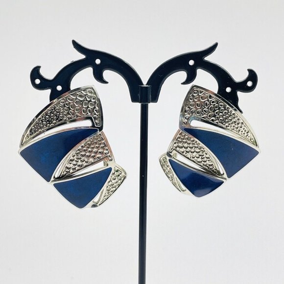 Berebi Signed Blue Enamel Triangle Earrings Textured Silver Tone Curved Zig Zag - Picture 5 of 11